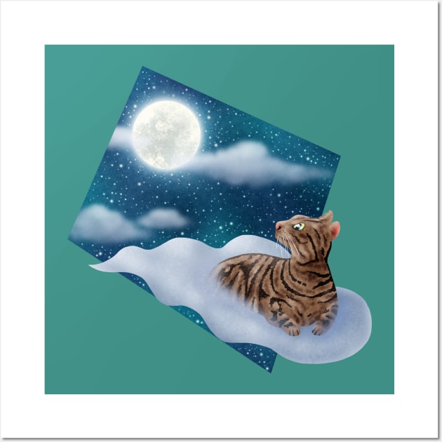 Staring at the moon. (cat sitting on the cloud.) Wall Art by CleanRain3675